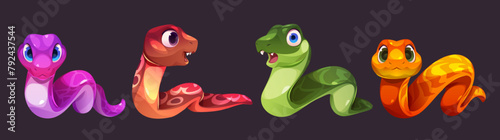 Cute crawling snake cartoon vector character set. Funny colorful skin jungle serpent. Tropical friendly animal with tongue and different face emotion. Childish comic reptile mascot collection.