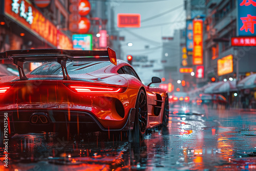 A luxurious sports car navigates wet urban streets, reflecting neon lights, embodying style and speed.