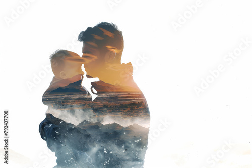 Fatherhood concept image with father carrying his child letting see a beautiful landscape on white background