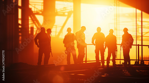 A group of men are standing in a building with a sunset in the background. They are wearing hard hats and seem to be discussing something
