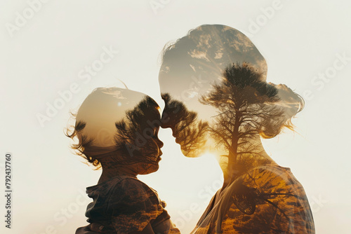 Motherhood concept image with mother carrying her child letting see a beautiful landscape on white background photo