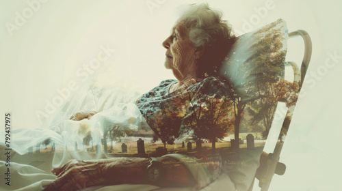 Terminally ill old grandmother patient on hospital bed , dying senior person portrait letting see a cemetery in background