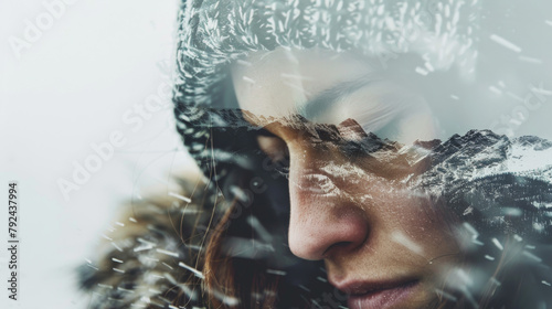 Winter season depression concept image with silhouette of a sad depressed woman letting see a snowy mountain landscape