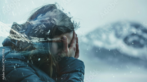 Winter season depression concept image with silhouette of a sad depressed woman letting see a snowy mountain landscape