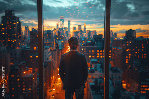 A businessman paces in front of a city skyline, contemplating important decisions that shape the future of his company, embodying the weight and responsibility of leadership in the pursuit of success photo