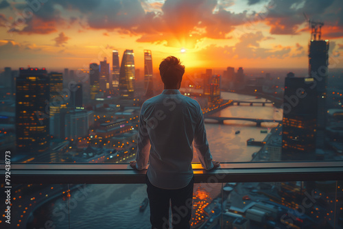 A businessman paces in front of a city skyline, contemplating important decisions that shape the future of his company, embodying the weight and responsibility of leadership in the pursuit of success photo