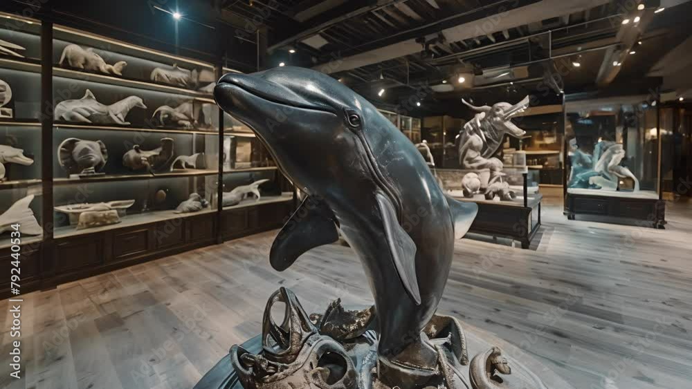 A large statue of a dolphin is displayed in a museum. The statue is ...