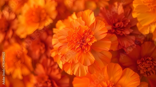 A close up of a bunch of orange flowers. The flowers are arranged in a way that they are all facing the same direction. Concept of warmth and happiness photo