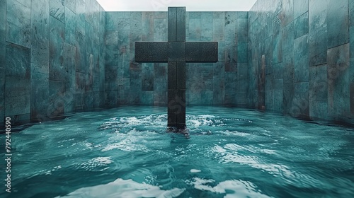 A religious-themed background featuring a clean wall backdrop with a prominent cross in the center, offering a minimalist and serene atmosphere for spiritual content.