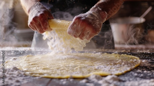 Closeup of a chef meticulously folding a crepe the batter spreading evenly and creating a delicate lacy pattern on the hot griddle. .