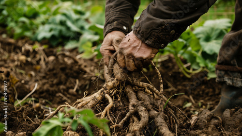 Farmer hands digging up potatoes in the dirt, harvesting crop.