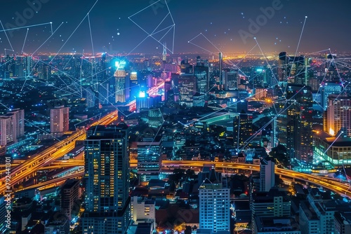 Smart network and Connection technology concept with Bangkok city background at night in Thailand  Panorama view - generative ai