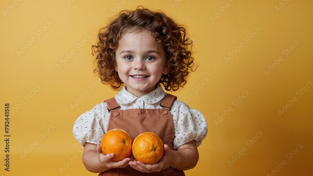 Photo of a little girl standing isolated on a yellow background with oranges. Photo of a little girl standing isolated on a yellow background with oranges.