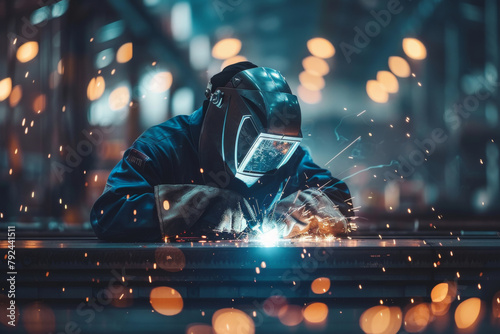 A skilled welder in protective gear meticulously joining two pieces of metal together with bright sparks flying, industrial concept. photo