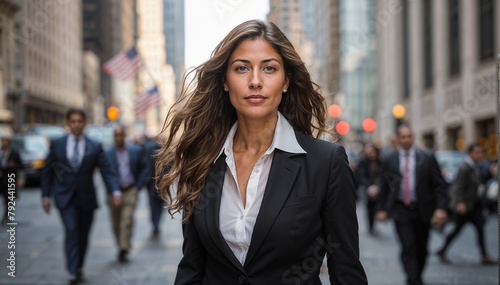 A business woman walks down the street in New York wearing a suit.