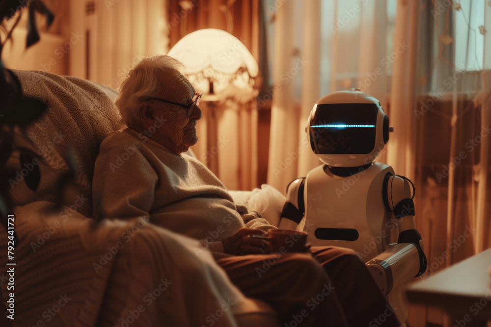 Obraz premium An elderly man sits on a couch next to a robot, robots for elderly care.