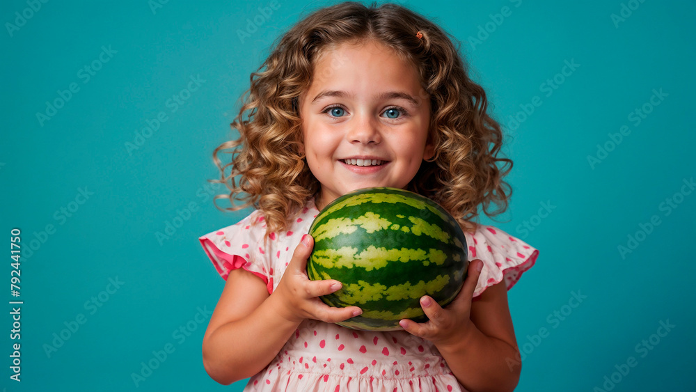 Little girl holding a watermelon on an isolated blue background. Empty space for text. Little girl holding a watermelon on an isolated blue background. Empty space for text.