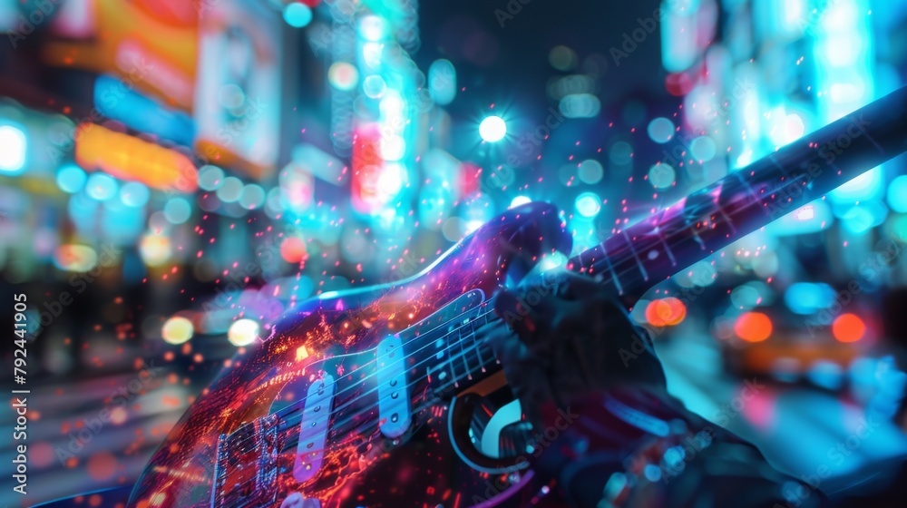 Blurred neon symbols of famous rock bands intertwine with flickering ...