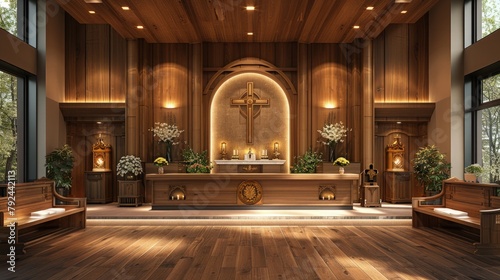 A reverent and sacred space with a titled perspective wall and a prominent Christian cross, providing a tranquil backdrop for displaying Christian art. Religious Background. photo