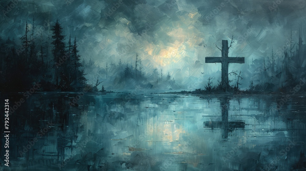The cross depicted against a backdrop of a tranquil lake at dawn, with mist rising from the water, evoking a sense of peace and spiritual awakening. Religious Background.