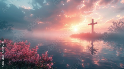 The cross depicted against a backdrop of a tranquil lake at dawn, with mist rising from the water, evoking a sense of peace and spiritual awakening. Religious Background. photo