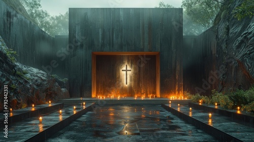 The cross illuminated by soft candlelight in a dimly lit chapel, creating an atmosphere of peaceful reverence and contemplation. Religious Background.