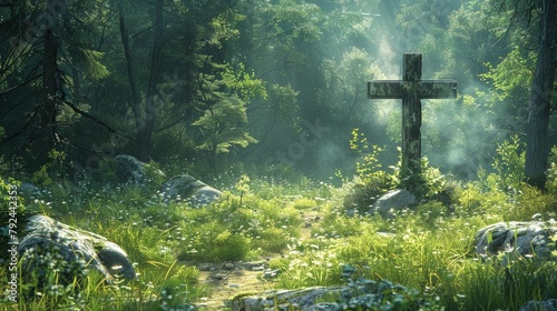 The cross nestled among tall trees in a secluded forest glade, bathed in dappled sunlight, offering a sense of serenity and connection with nature. Religious Background.