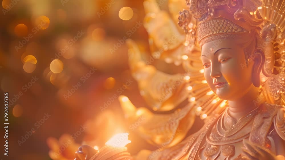 A golden statue of a Buddhist bodhisattva with a serene expression. The statue is lit up, creating a warm and peaceful atmosphere A golden statue of a Buddhist bodhisattva with a serene expression. The statue is lit up, creating a warm and peaceful atmosphere