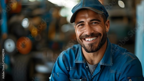 A happy car mechanic in uniform at his repair shop smiling. Concept Portrait Photography, Automotive Industry, Small Business Success, Uniformed Worker, Professional Smiles