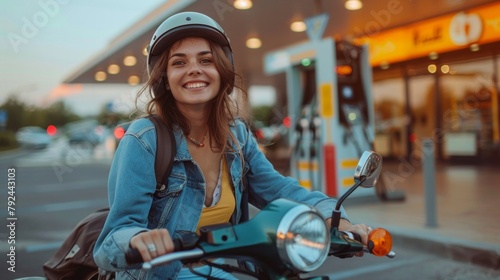 Happy woman with scooter or motorbike refuelling at gas station photo