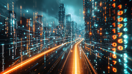 3D Rendering of abstract highway path through digital binary towers in city. © SAHURI