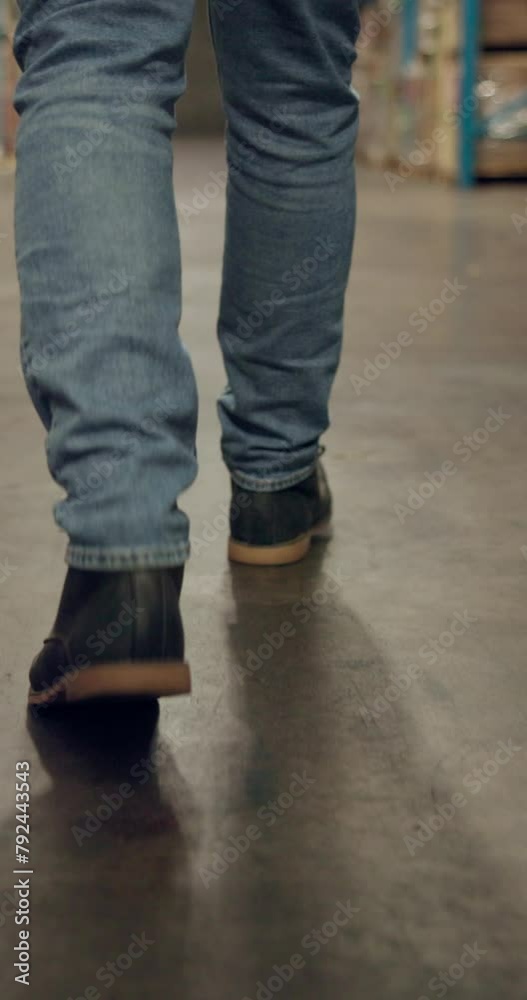 Closeup, warehouse and man with boots, walking and energy with engineer, mechanic or maintenance. Rear view, person or employee with shoes, safety or protection in factory with contractor or industry Closeup, warehouse and man with boots, walking and energy with engineer, mechanic or maintenance. Rear view, person or employee with shoes, safety or protection in factory with contractor or industry