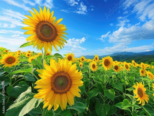 Vibrant sunflower field under blue sky photo