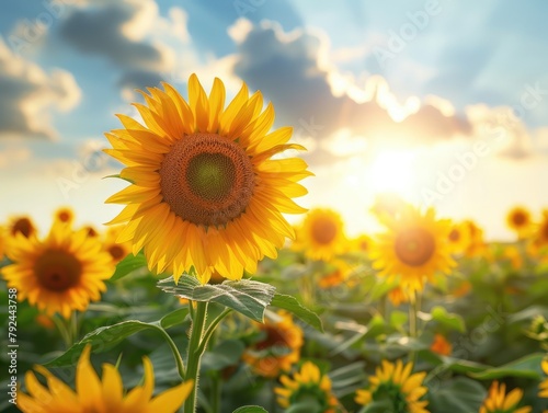 Vibrant sunflower field under blue sky photo