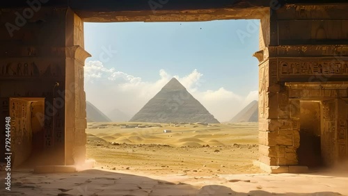 Egyptian Gateway: Hieroglyphs and Pyramids. Concept Ancient Egypt, Hieroglyphs, Pyramids, Pharaohs, Egyptian History photo