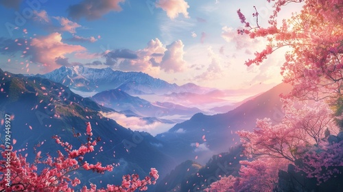 The charm of a mountain in spring with the beauty of cherry blossoms
