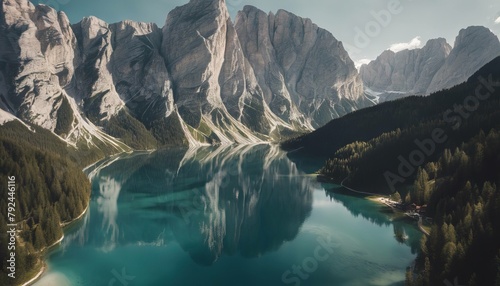 'mountain Wildsee) background Aerial (Pragser Lake Braies Italy Fanes-Senes-Braies view South Trentino Dolomites del Tyrol blue mountain Becco Croda lake' photo