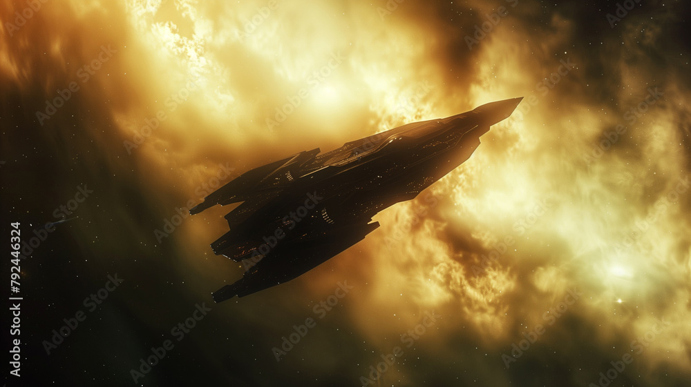 Spacecraft flees a colossal enemy vessel against the swirling mirrorscape galaxy. Spacecraft flees a colossal enemy vessel against the swirling mirrorscape galaxy.