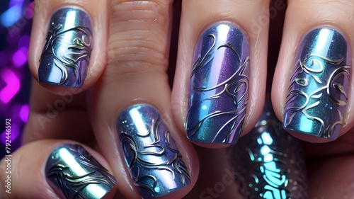A stunning holographic nail polish design with intricate patterns 