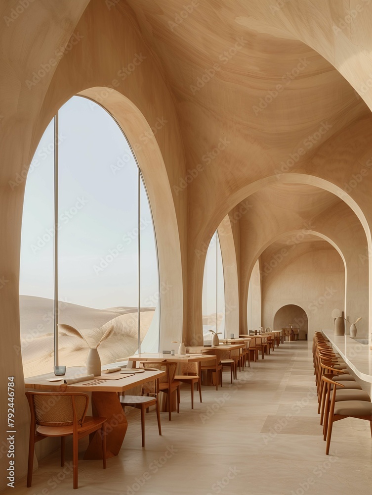 Modern Desert Dining Hall with Arched Windows and Sand Dunes