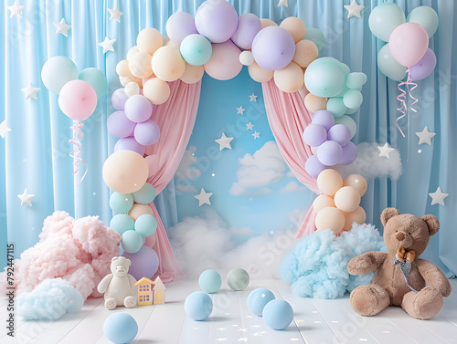 Arch takes center stage, adorned with pastel balloons drifting amidst fluffy clouds and twinkling stars. Scatter big kids toys and decorative clouds on the floor, and place a cheerful teddy bear  photo