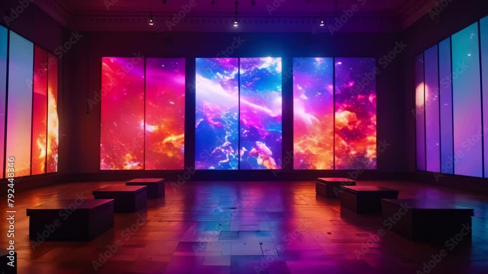 Vivid Cosmic Display on Multimedia Gallery Wall. Concept Galactic Light Show, Interactive Art Installation, Futuristic Multimedia Experience