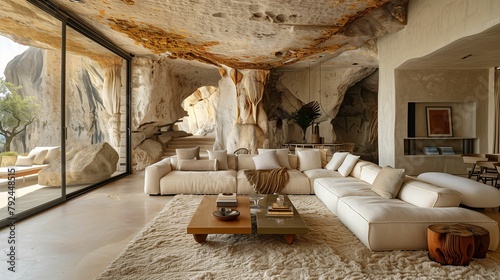 Modern Living Room Blended with Natural Rock Formation