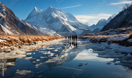 Group of People Standing on Frozen River photo