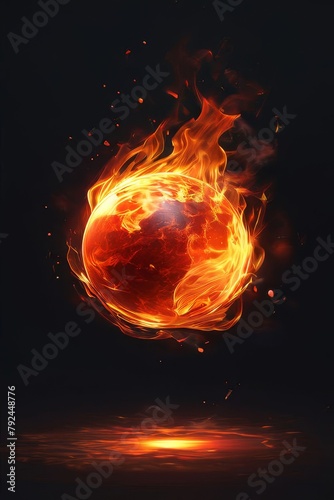 ball of fire appears almost suspended in the darkness, its flames illuminating the blackness around it with a fiery glow.