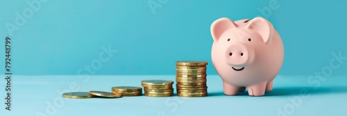 Smiling pink piggy bank next to a stack of gold coins, isolated on blue background. Investment success, savings concept. Banner