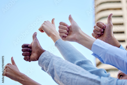Hands, outdoor or business people with thumbs up in agreement, support or collaboration together. Proud community, sky or group of financial advisers with solidarity vote, yes sign or like gesture