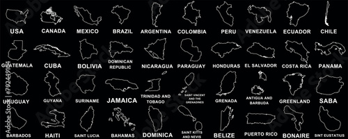 World map, white outlines on black, labeled countries. Ideal for educational, travel content. Detailed geography illustration featuring North and South America
