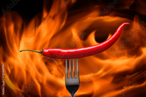 Fototapeta Naklejka Na Ścianę i Meble -  red chili pepper, pricked on a fork, on a background of burning fire, flames on a black background