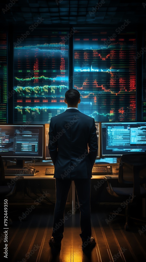 Businessman facing a digital stock market display, back to camera, in a dark trading room, symbolizing analysis and decisionmaking in finance